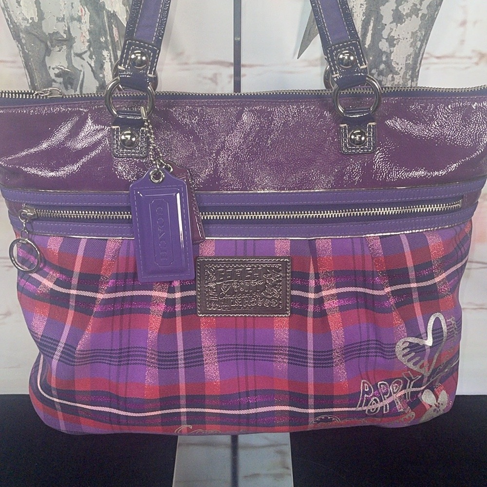 Authentic Coach Limited Edition Poppy Purple Tartan Shoulder Bag Large